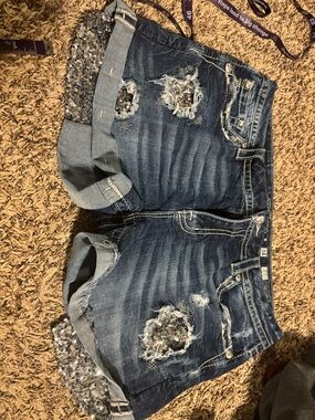 Embellished Miss Me Distressed Denim Shorts - Blue with Silver Sequin Accents